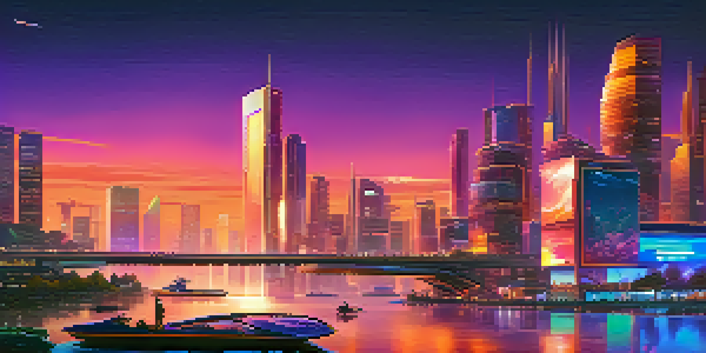 A colorful futuristic skyline with neon lights at sunset, reflecting in a river with flying cars above.