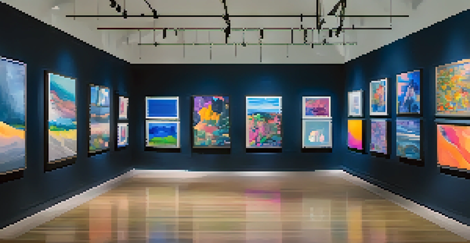 A digital art gallery filled with various NFTs, illuminated by soft lights, with visitors admiring the art pieces.