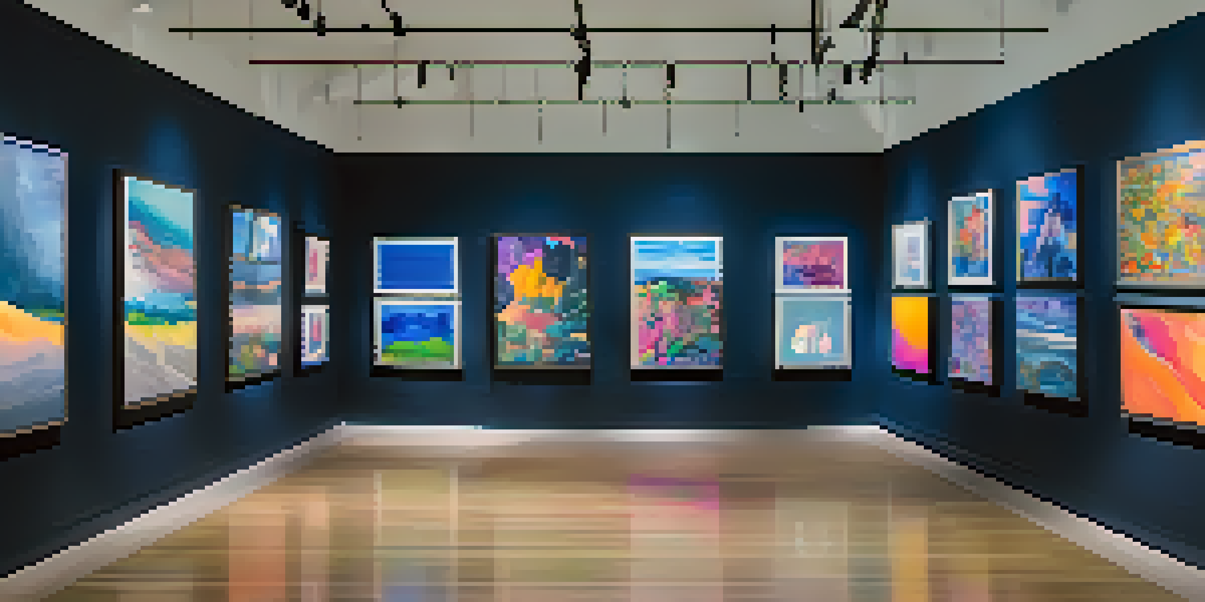 A digital art gallery filled with various NFTs, illuminated by soft lights, with visitors admiring the art pieces.