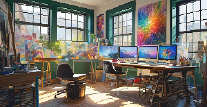 A bright digital art studio with art supplies and a computer displaying NFT art, sunlight streaming through a window.