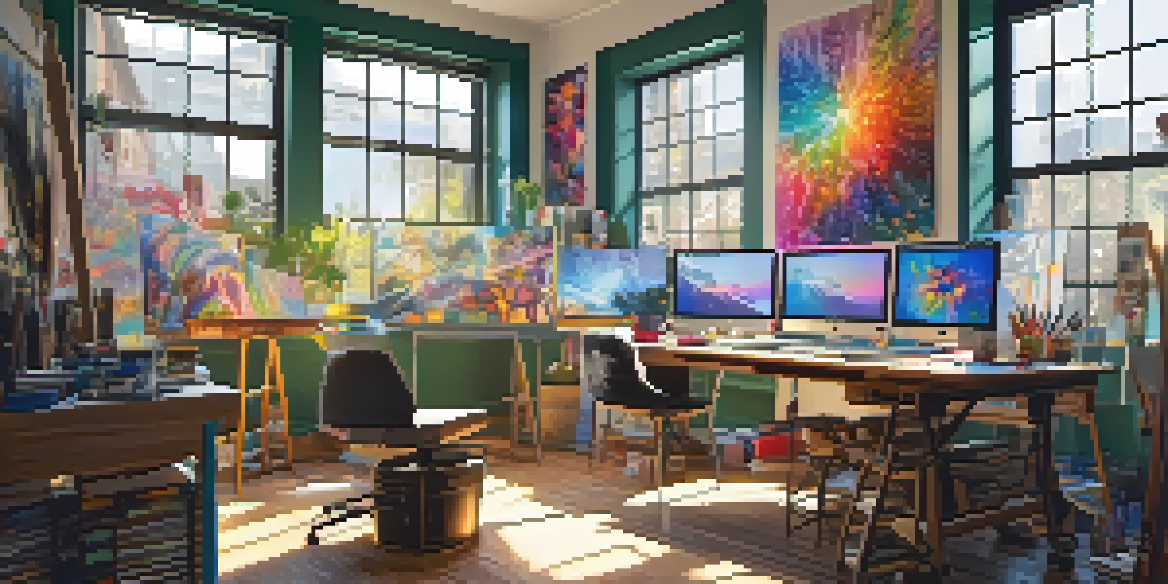 A bright digital art studio with art supplies and a computer displaying NFT art, sunlight streaming through a window.