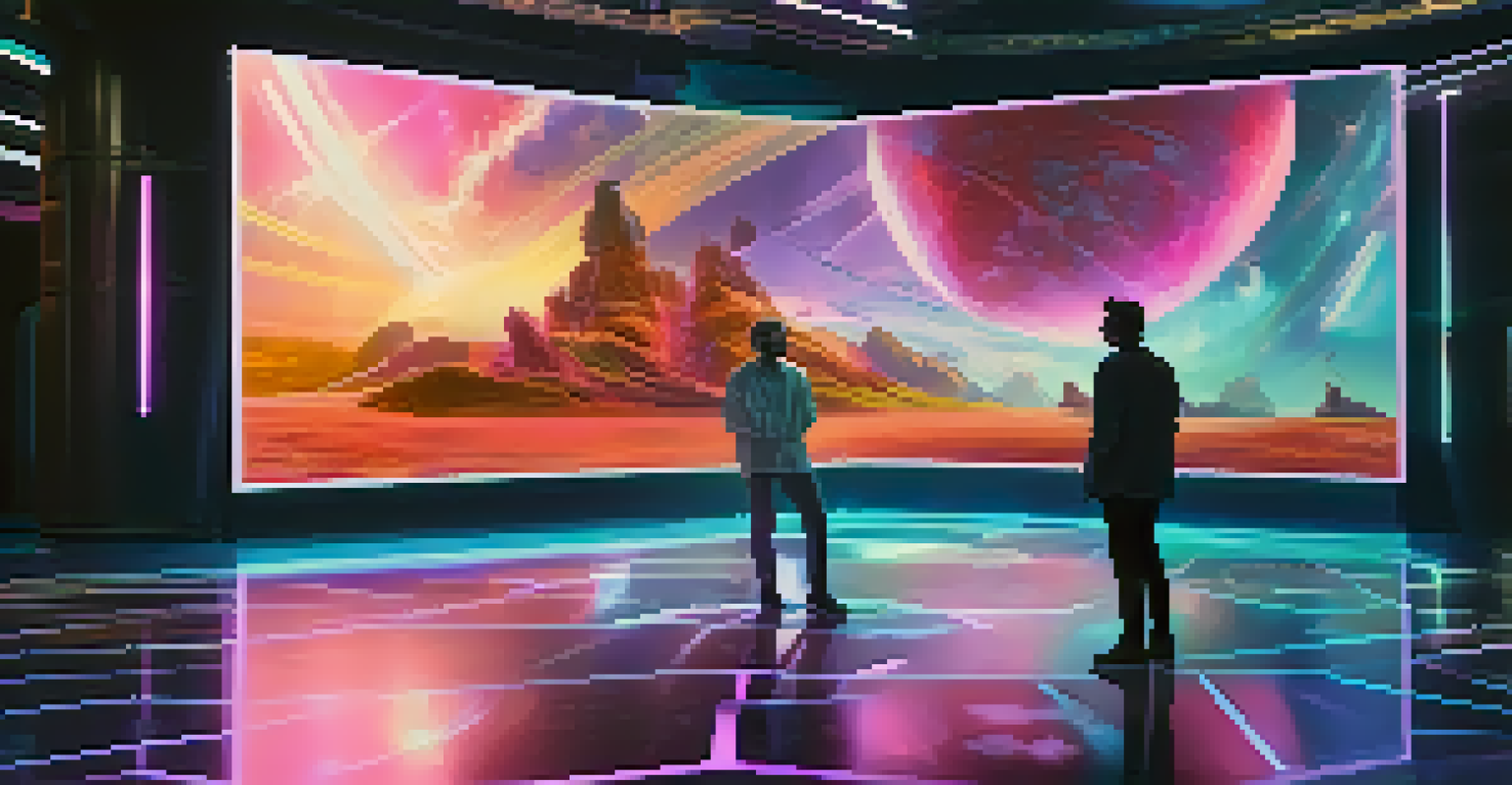 Filmmakers on a futuristic set discussing holographic NFTs, with vibrant visuals floating in the air.