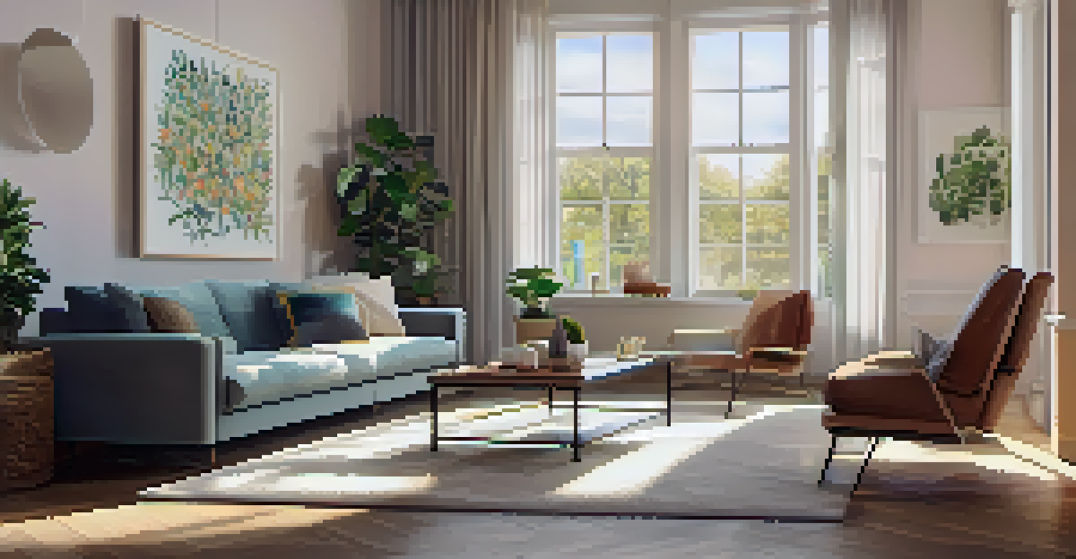 A cozy living room with augmented reality displaying a digital artwork on the wall, featuring warm lighting and stylish decor.
