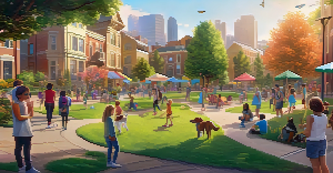 A vibrant park scene at sunset with people using augmented reality devices to interact with virtual creatures.