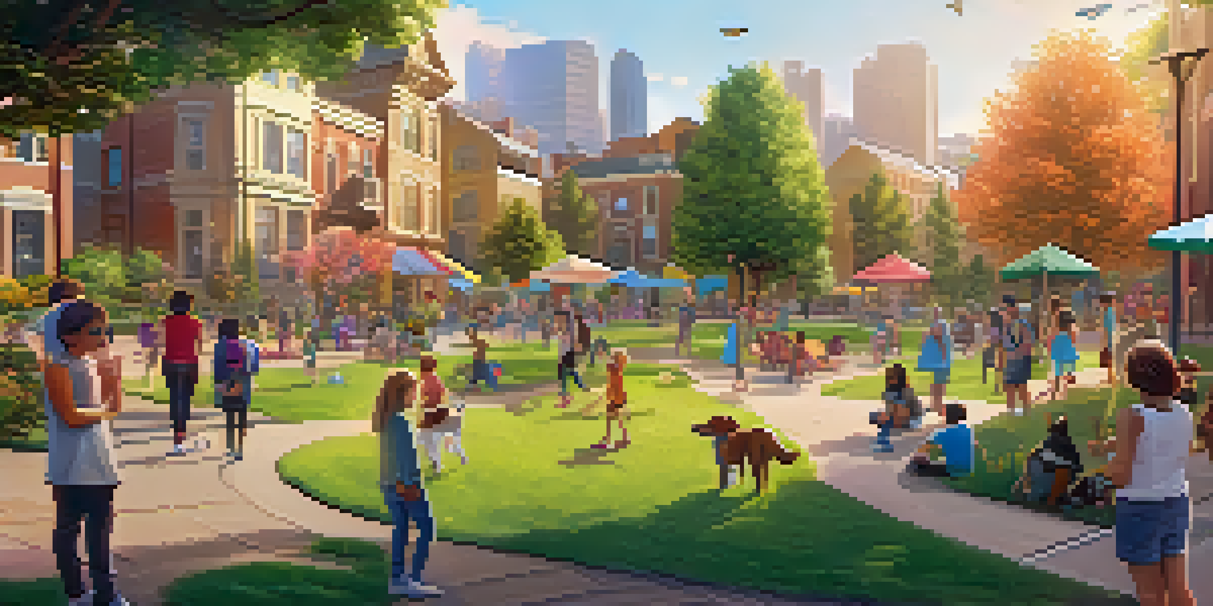 A vibrant park scene at sunset with people using augmented reality devices to interact with virtual creatures.