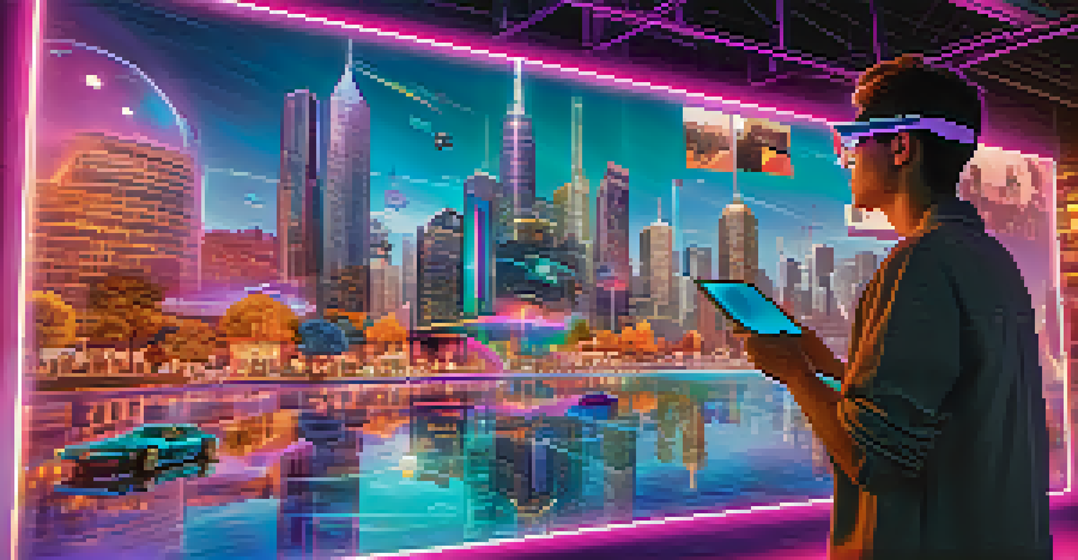 A person wearing AR glasses interacting with floating digital NFTs against a modern urban backdrop.