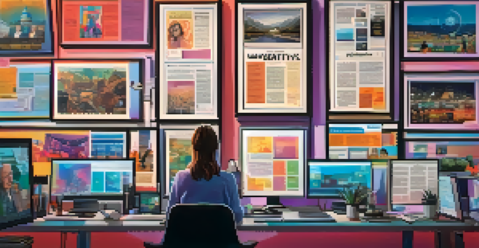 A middle-aged woman journalist at a desk with digital screens showing news articles and NFTs, warm lighting, and colorful digital art on the wall.