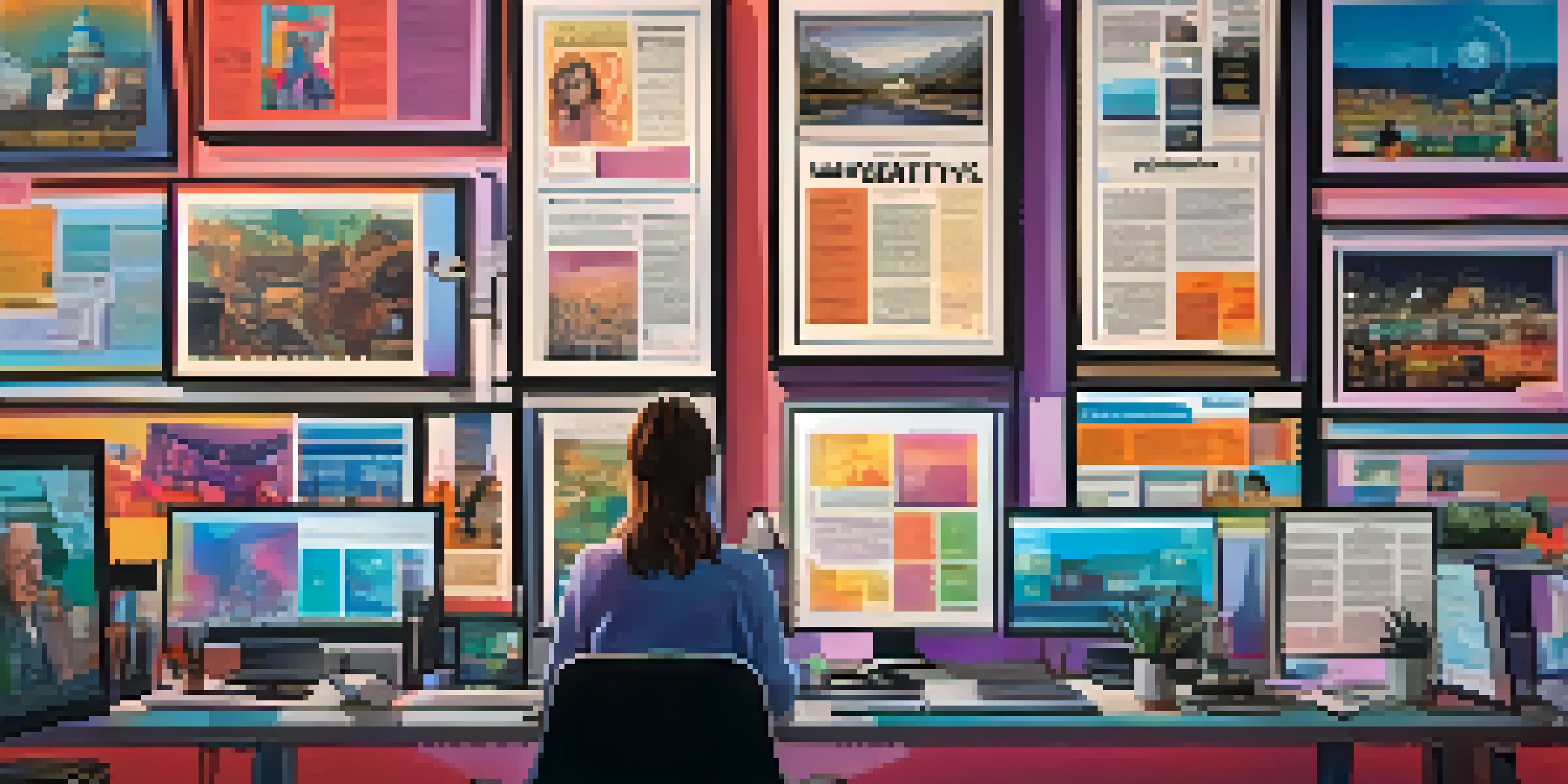 A middle-aged woman journalist at a desk with digital screens showing news articles and NFTs, warm lighting, and colorful digital art on the wall.