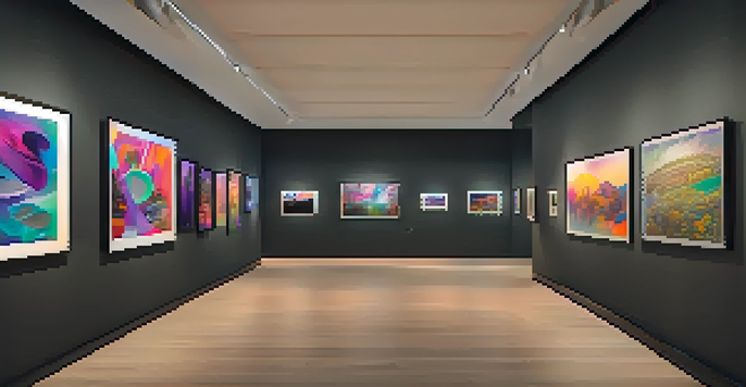 A digital art gallery displaying various NFT artworks with diverse styles and ambient lighting.