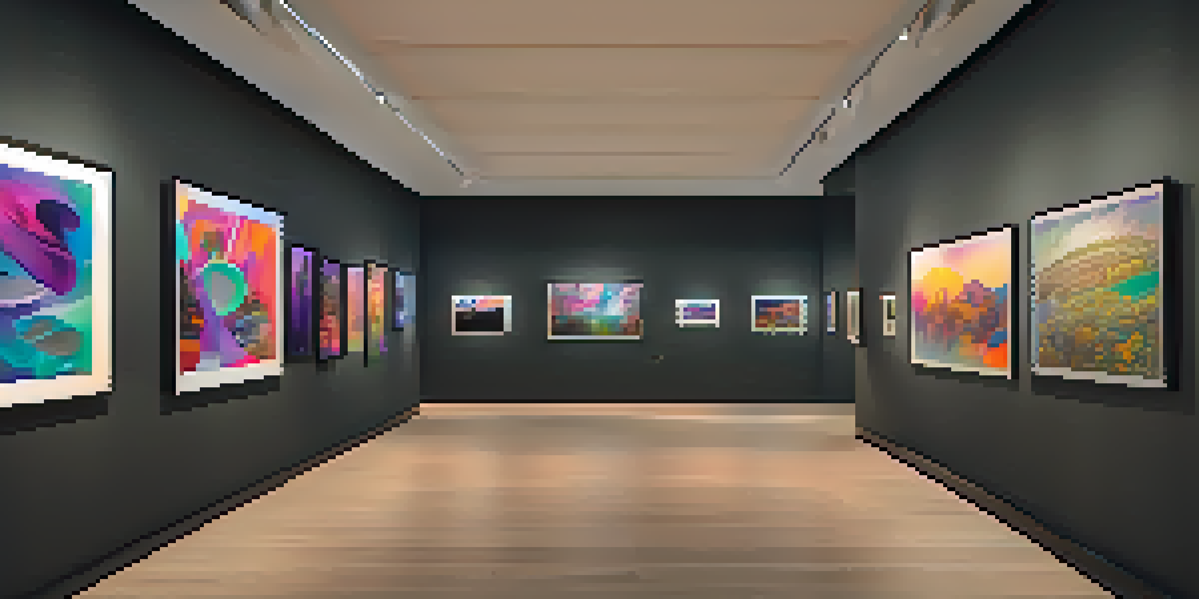 A digital art gallery displaying various NFT artworks with diverse styles and ambient lighting.