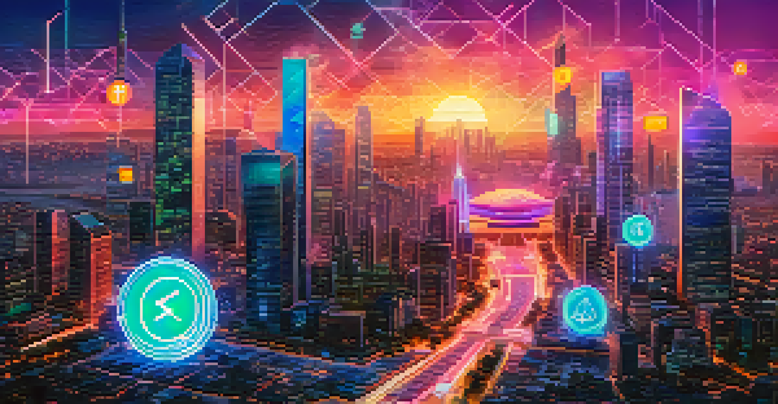 A futuristic city skyline at sunset with holograms showing cryptocurrency and NFT icons, illustrating financial technology.