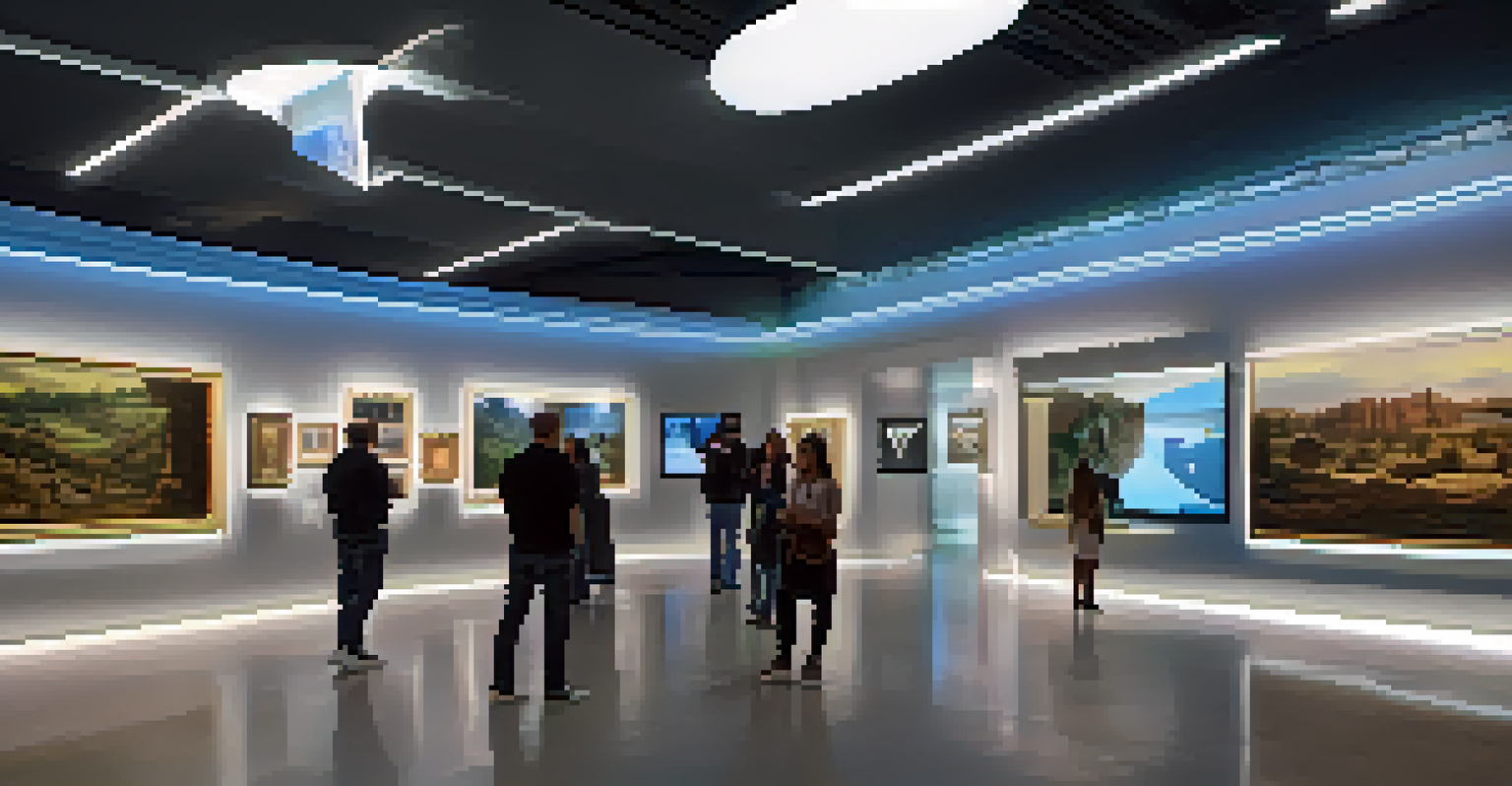 A futuristic virtual exhibition displaying NFTs of historical artifacts with visitors using AR devices.