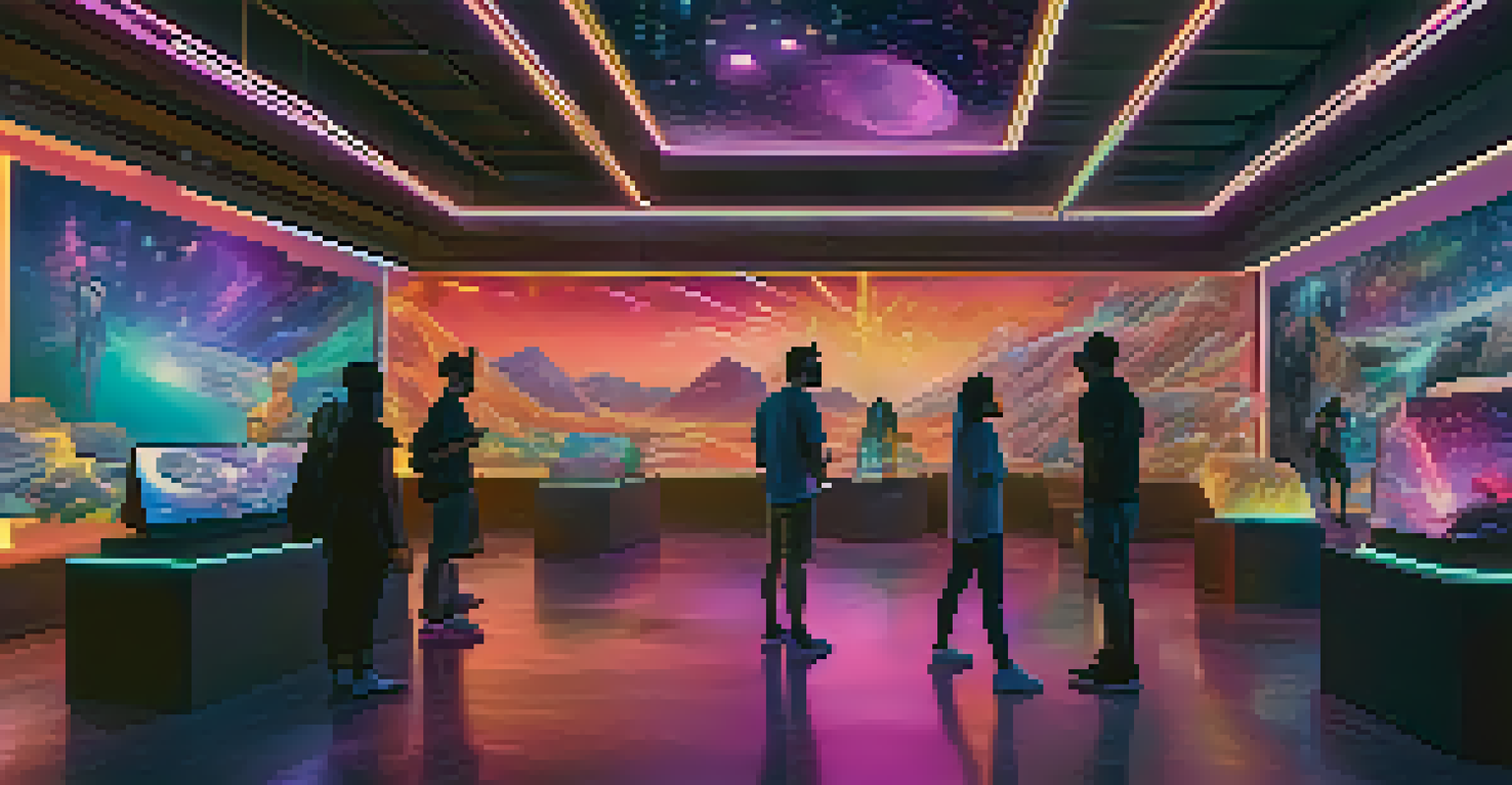 A virtual reality exhibition of NFTs with avatars exploring colorful digital art in a cosmic setting.