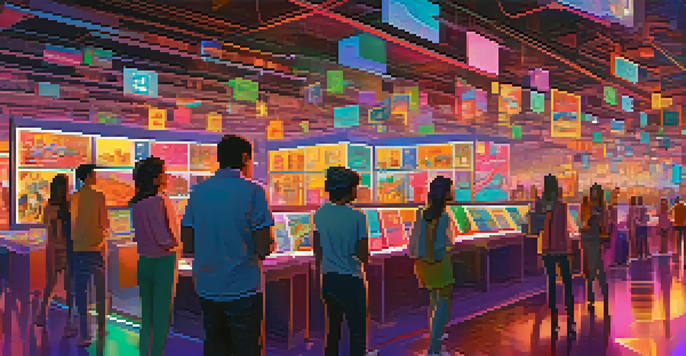 A digital marketplace filled with diverse investors discussing vibrant non-fungible tokens displayed on screens.