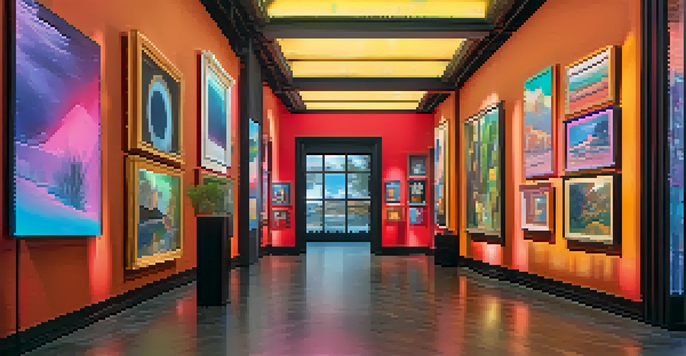 A digital art gallery filled with colorful NFT artworks displayed in ornate frames, with soft lighting and visitors engaging with the exhibits.