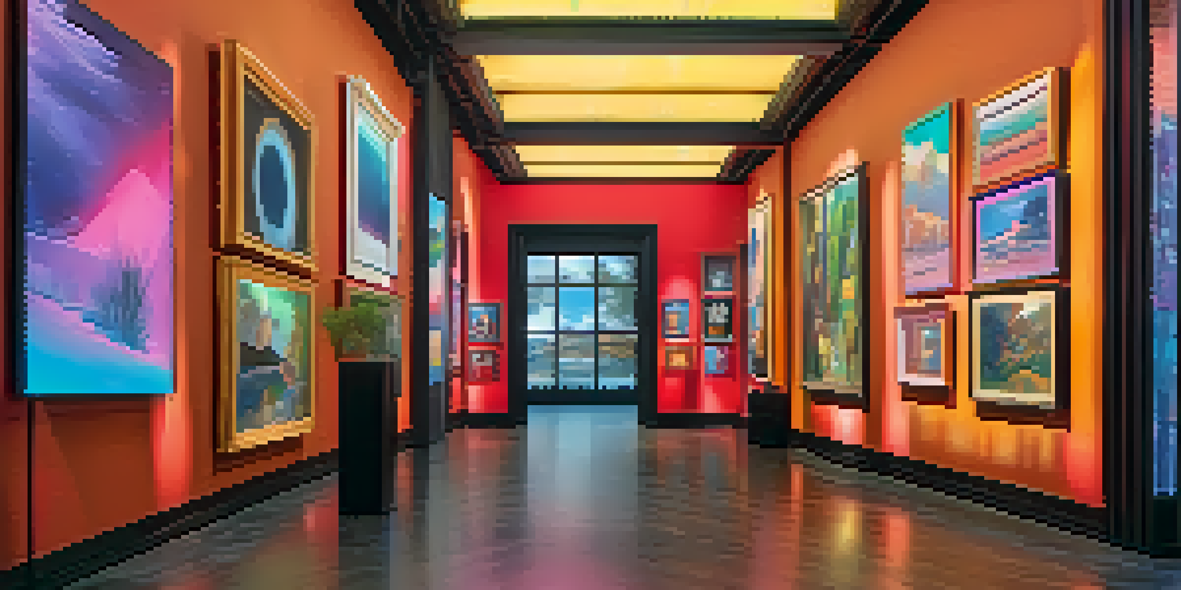 A digital art gallery filled with colorful NFT artworks displayed in ornate frames, with soft lighting and visitors engaging with the exhibits.