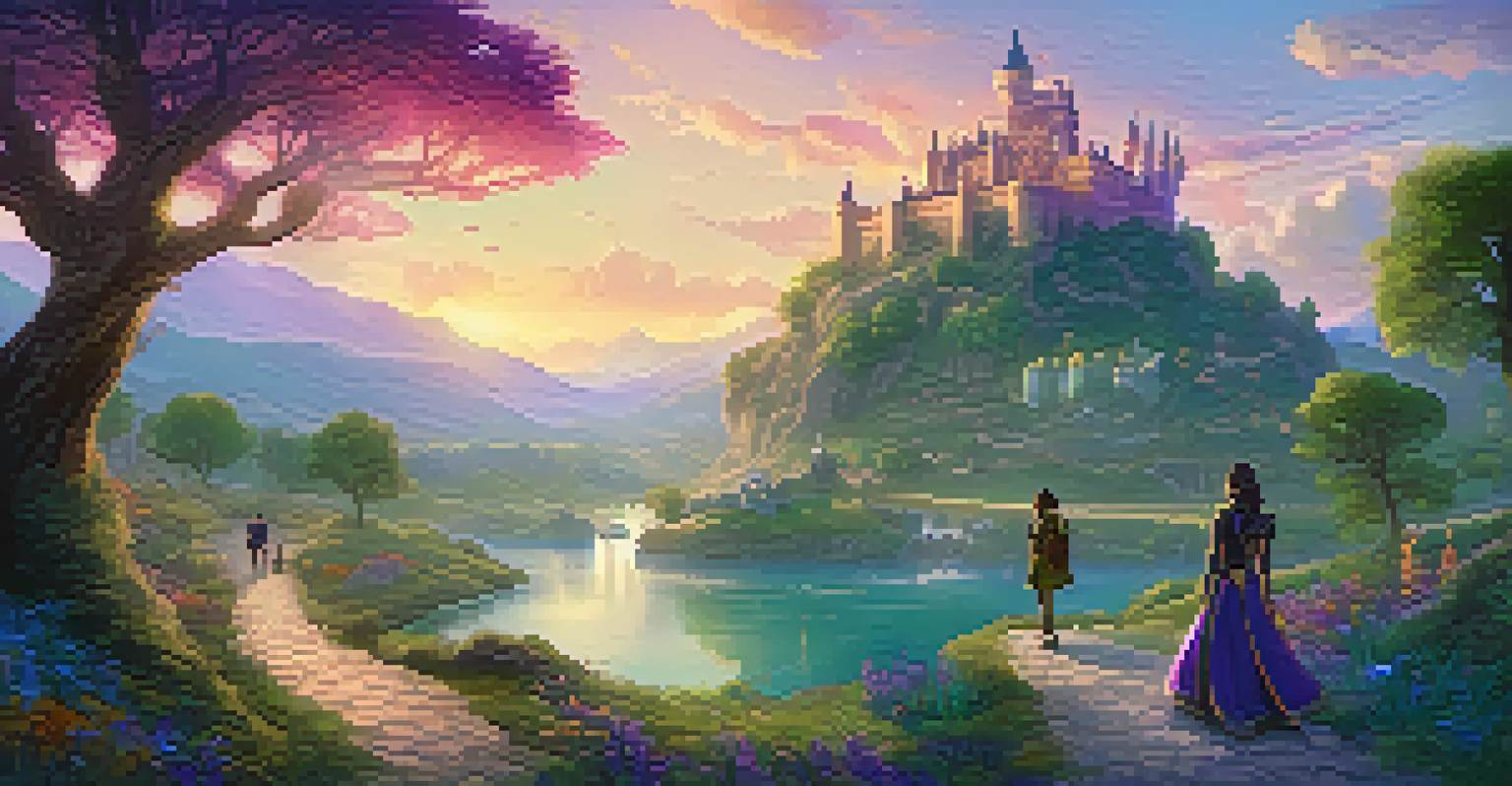 A vibrant fantasy game world with players collecting magical NFTs, featuring rolling hills and a majestic castle in the background.
