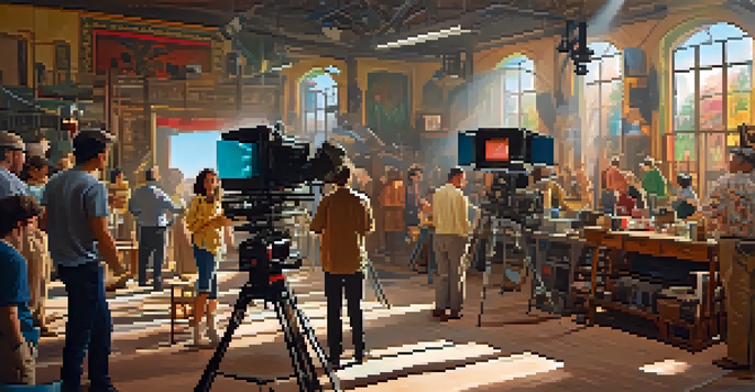A film set bustling with activity, showcasing crew members, colorful props, and bright lighting.