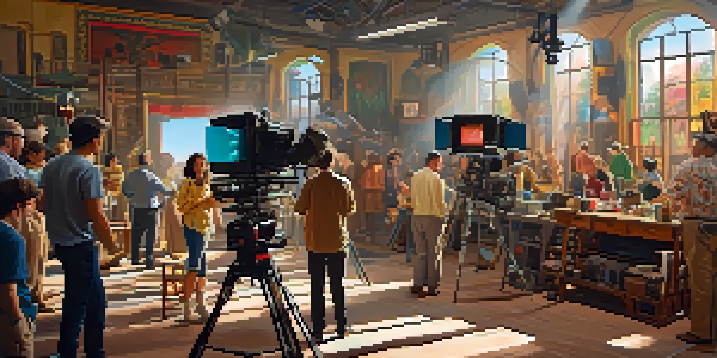 A film set bustling with activity, showcasing crew members, colorful props, and bright lighting.