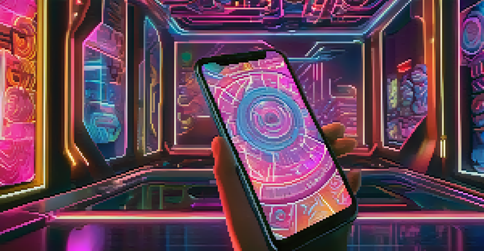A hand holding a smartphone with an NFT artwork, surrounded by glowing digital tokens in a futuristic environment.