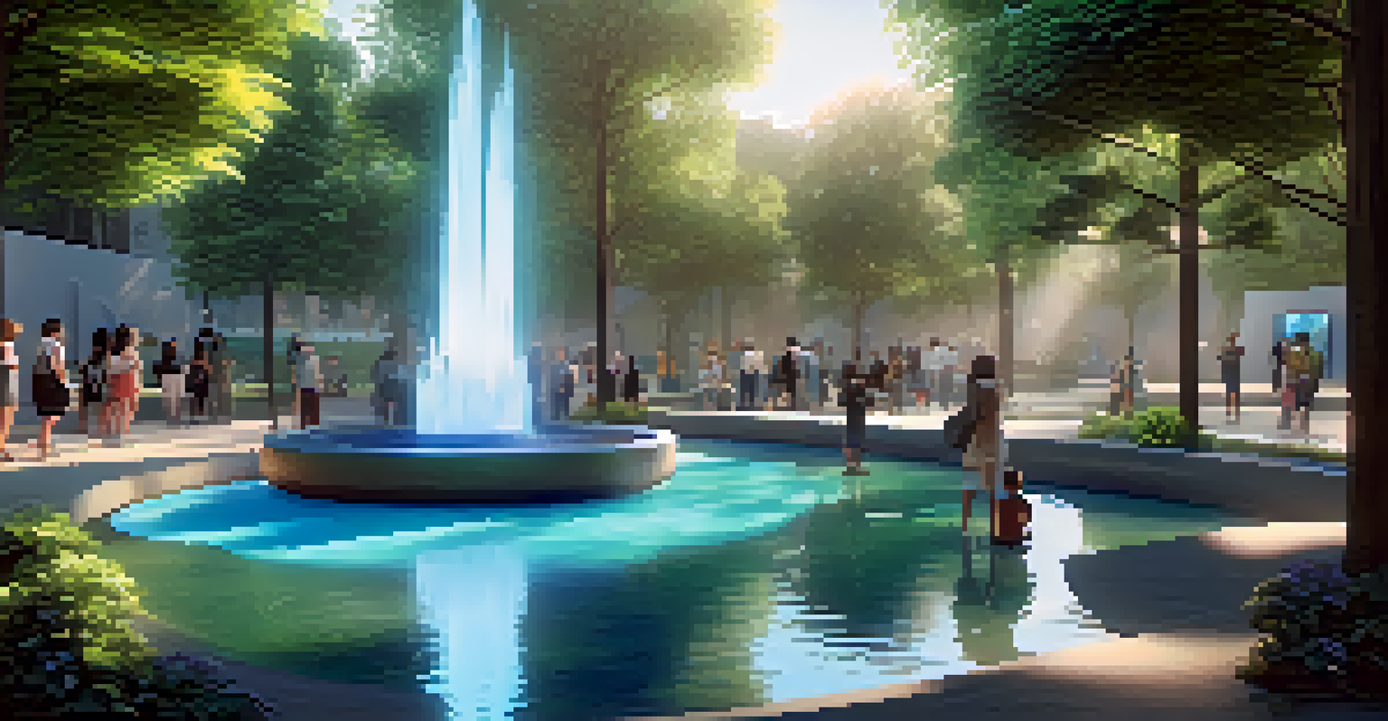 A digital art installation in a virtual park with animated sculptures and visitors enjoying the interactive experience.