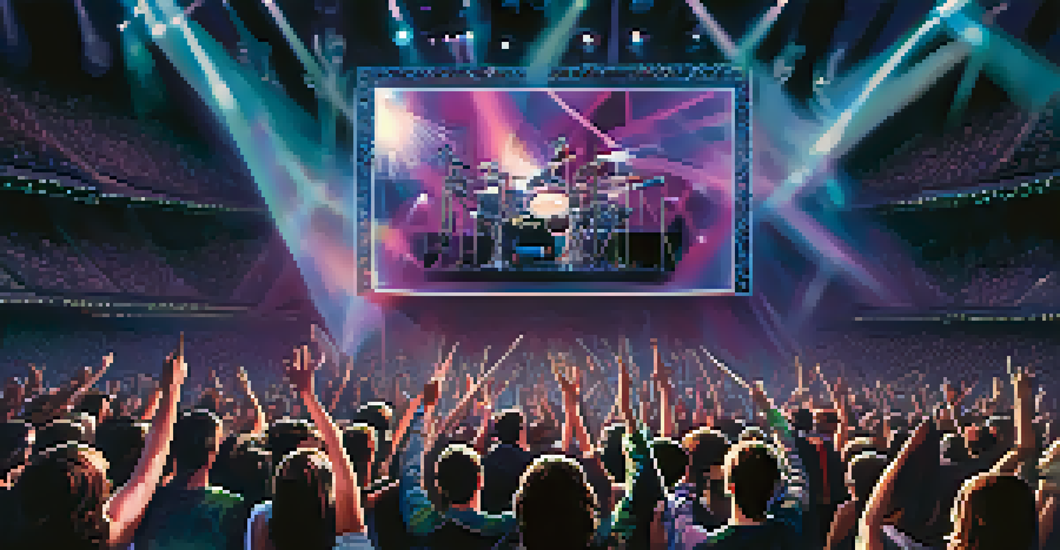 A lively concert scene with fans holding digital NFTs as tickets, vibrant lights, and a band performing on stage.