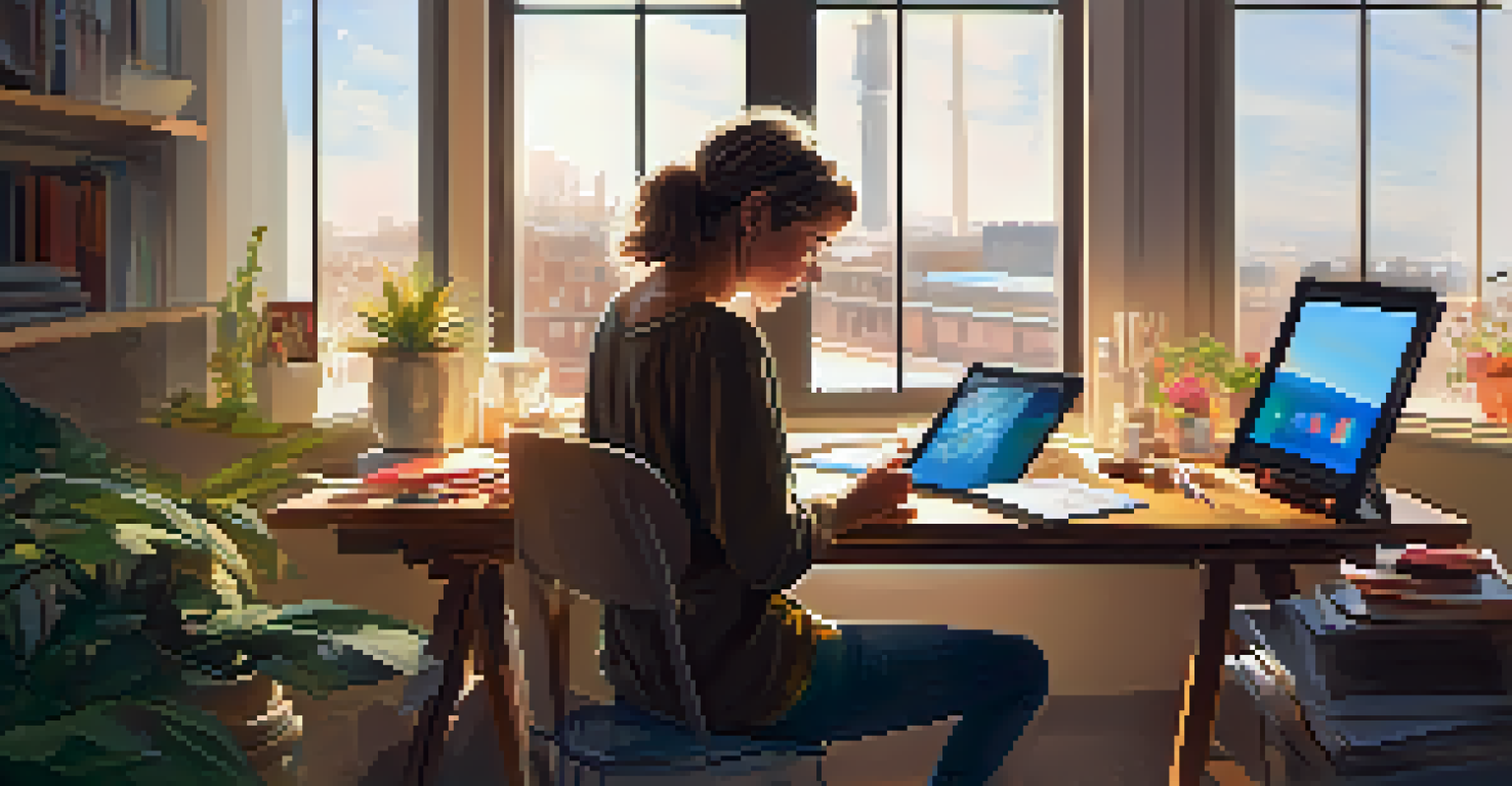 An artist creating digital art on a tablet at a modern workspace with natural light streaming in.