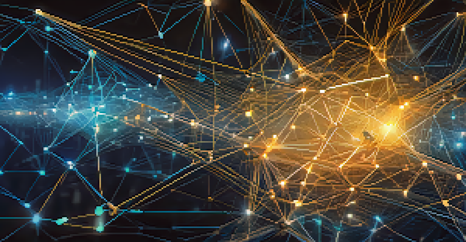 A digital illustration of a blockchain network with glowing nodes and interconnected lines.
