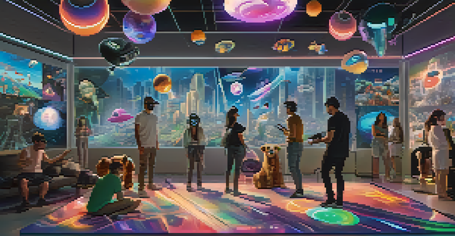 Players in a virtual reality gaming environment interacting with floating digital collectibles and NFTs against a futuristic cityscape.