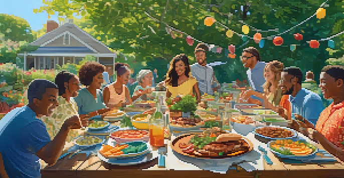 A lively outdoor potluck dinner with people of various backgrounds sharing food at a long table in a park.