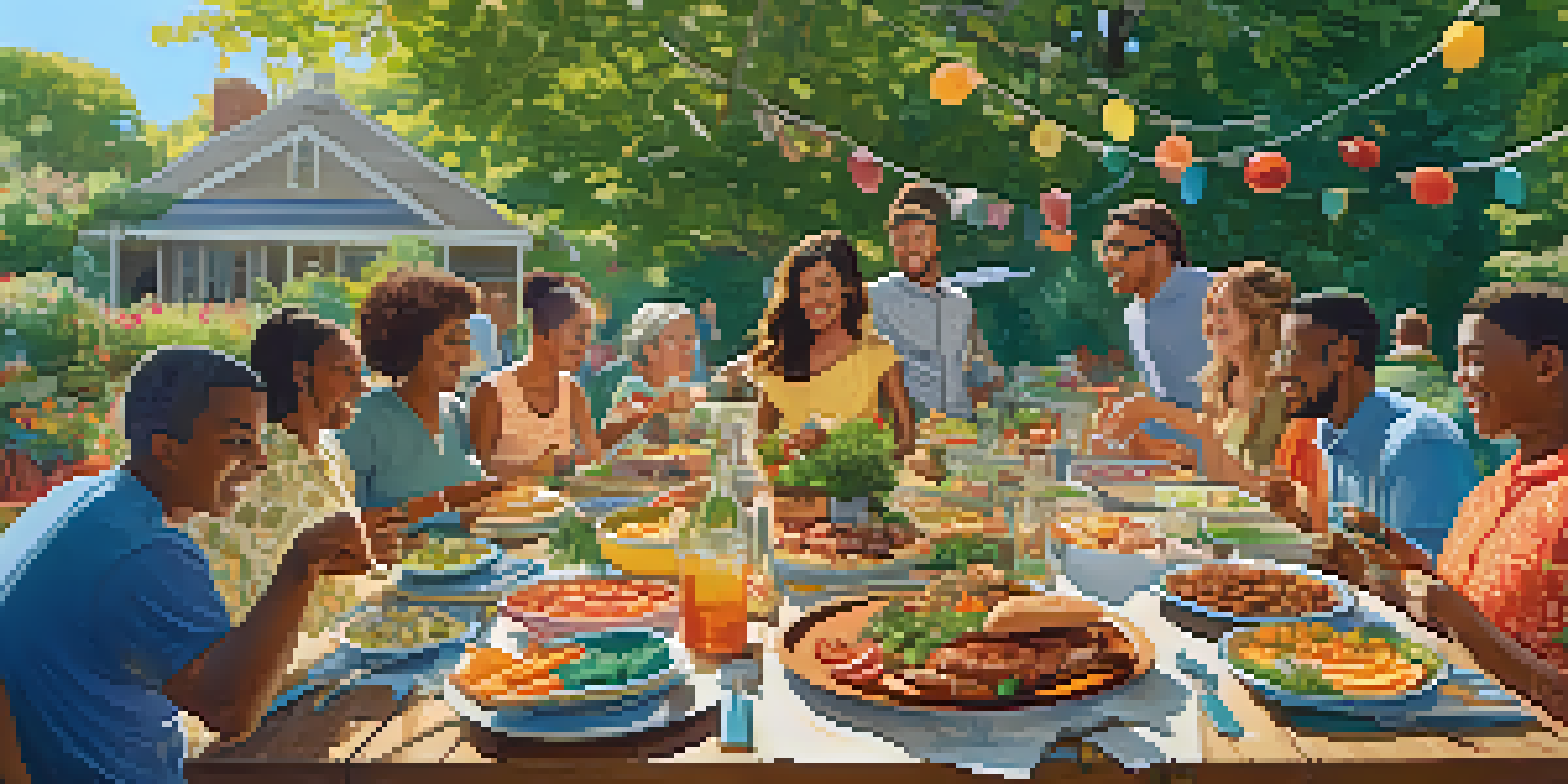 A lively outdoor potluck dinner with people of various backgrounds sharing food at a long table in a park.