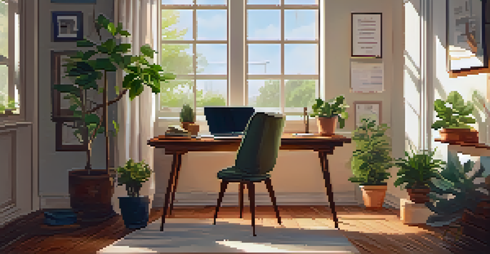 A cozy workspace with a wooden desk, laptop, coffee mug, notepad, and a potted plant, illuminated by warm natural light.
