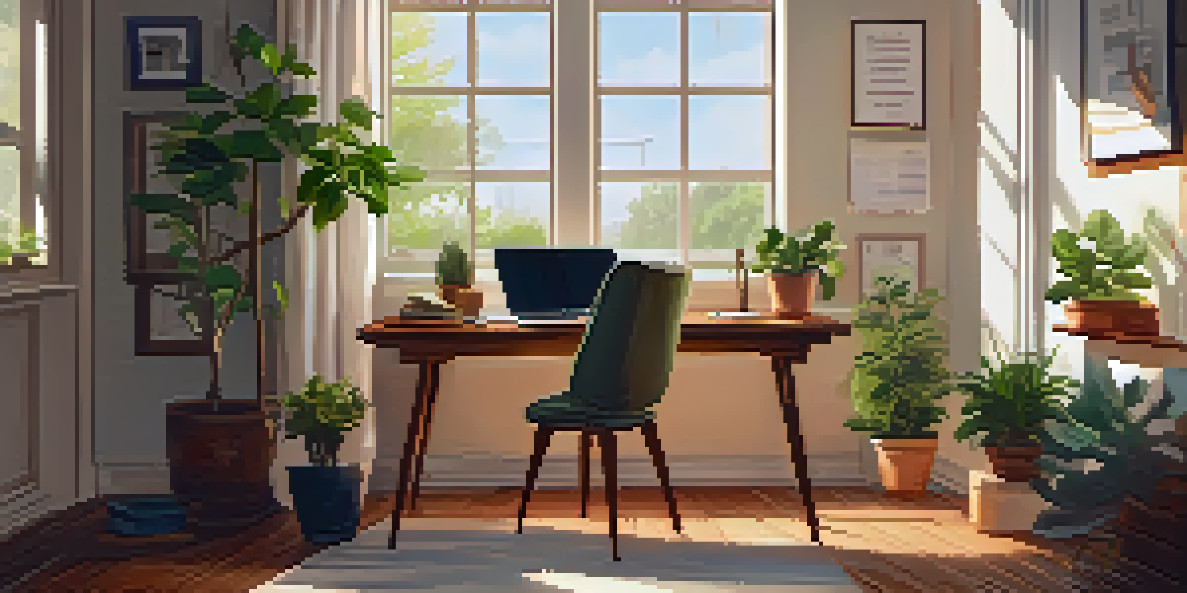 A cozy workspace with a wooden desk, laptop, coffee mug, notepad, and a potted plant, illuminated by warm natural light.