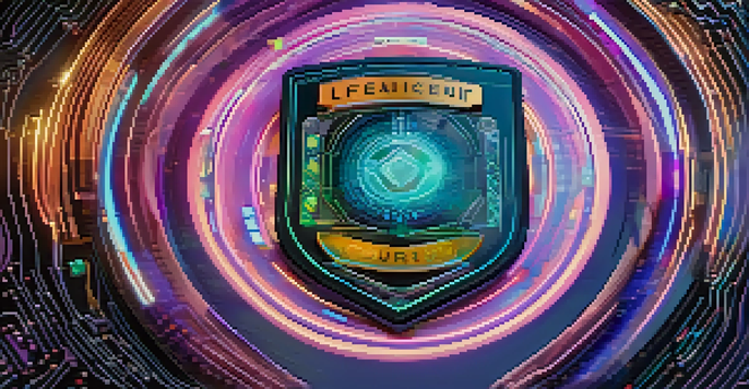 A detailed view of a digital identity badge on a holographic screen, with colorful designs and a blurred digital background.