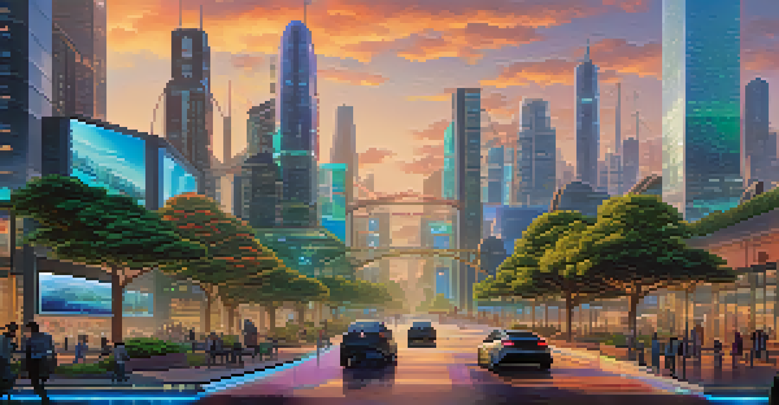 A futuristic cityscape showcasing proof-of-stake blockchain technology with people engaging in eco-friendly activities.