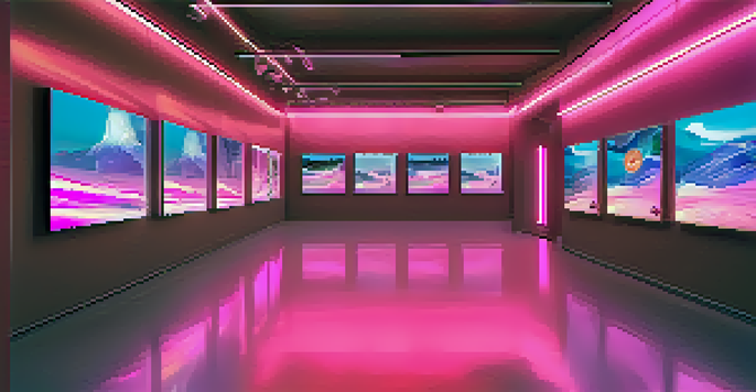 A modern art gallery filled with colorful digital screens displaying unique digital artworks, with visitors exploring the space.