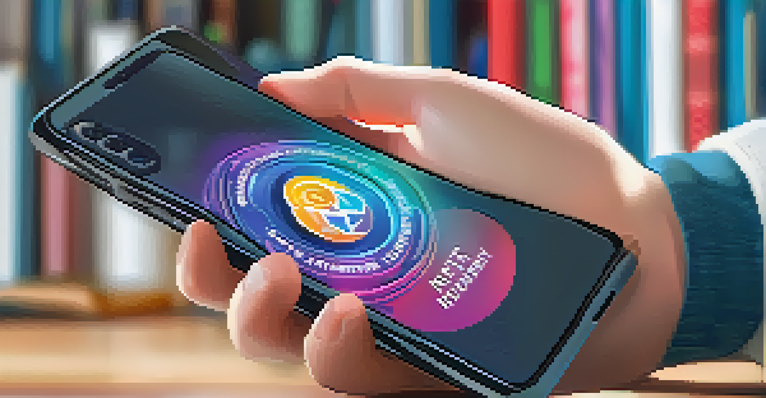 A student's hand holding a smartphone with a colorful digital badge NFT, representing academic achievement in a blurred educational environment.