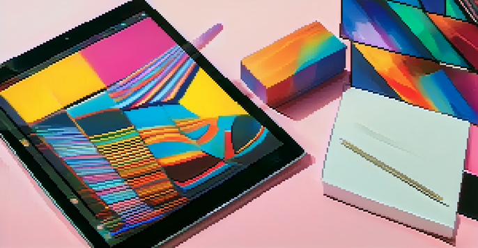 A tablet showcasing a vibrant digital art piece with an abstract background, illuminated by soft lighting.