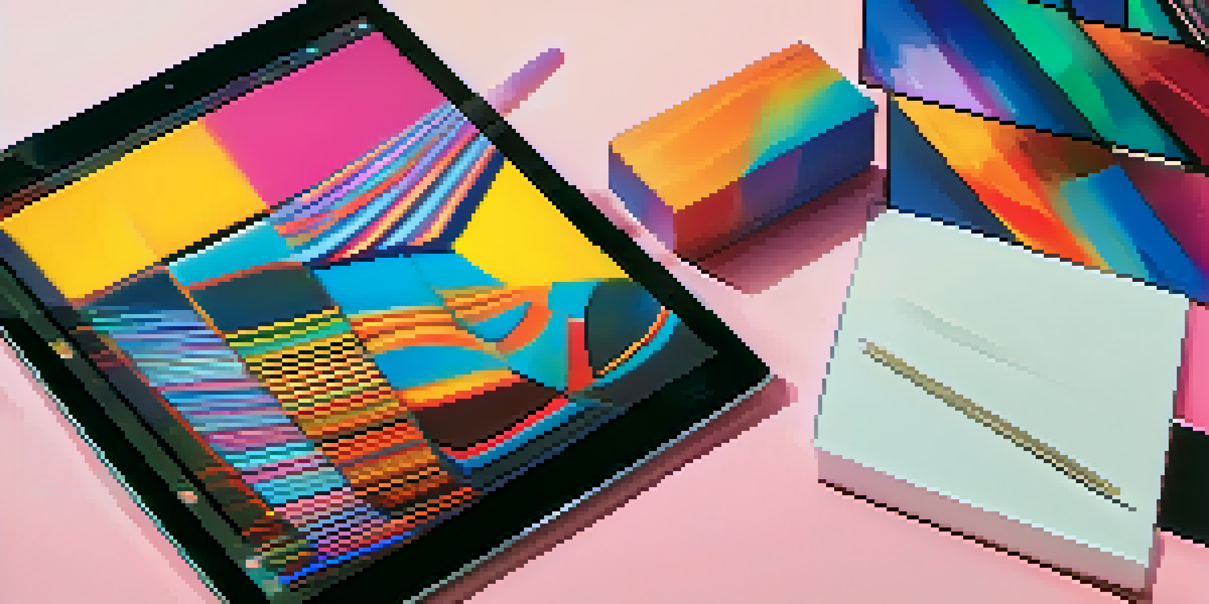 A tablet showcasing a vibrant digital art piece with an abstract background, illuminated by soft lighting.