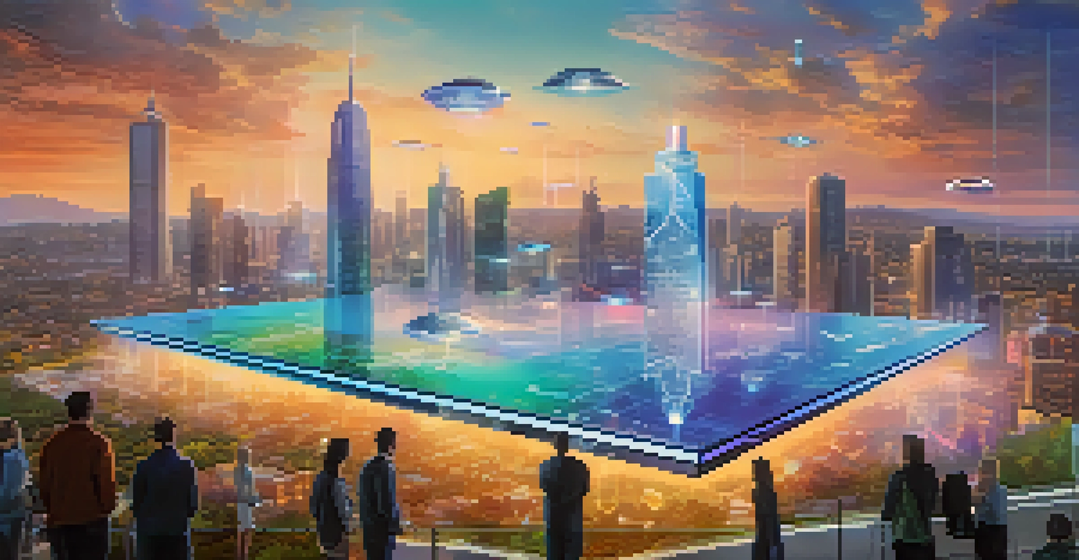A vibrant futuristic city with floating holograms representing digital properties, and people interacting with the holograms in a blend of reality and digital innovation.