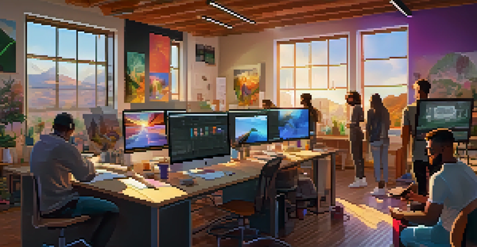 A lively digital art studio where artists are collaborating on NFT projects, with bright artwork and natural light.