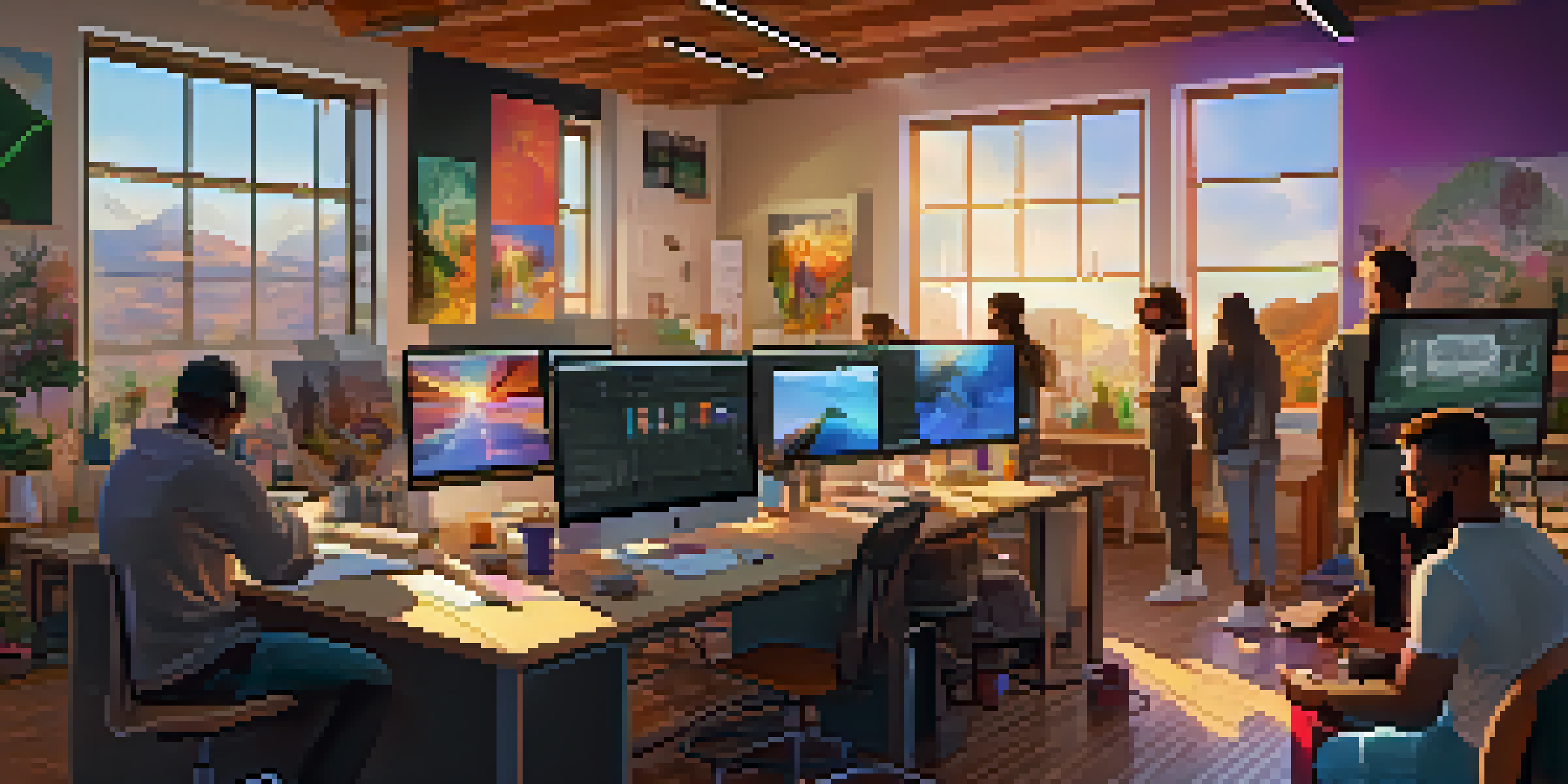 A lively digital art studio where artists are collaborating on NFT projects, with bright artwork and natural light.