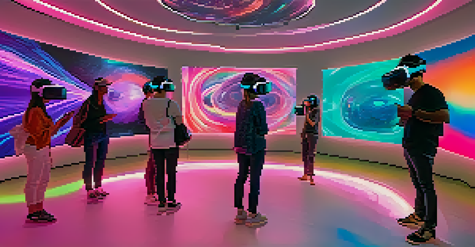 A futuristic virtual reality exhibition with visitors wearing VR headsets exploring interactive NFT art installations.