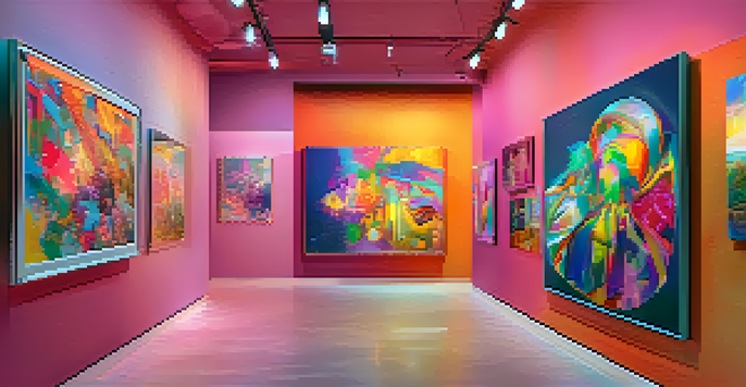 A digital art gallery filled with diverse NFT artworks, with glowing screens and colorful abstract designs, in a softly lit environment.