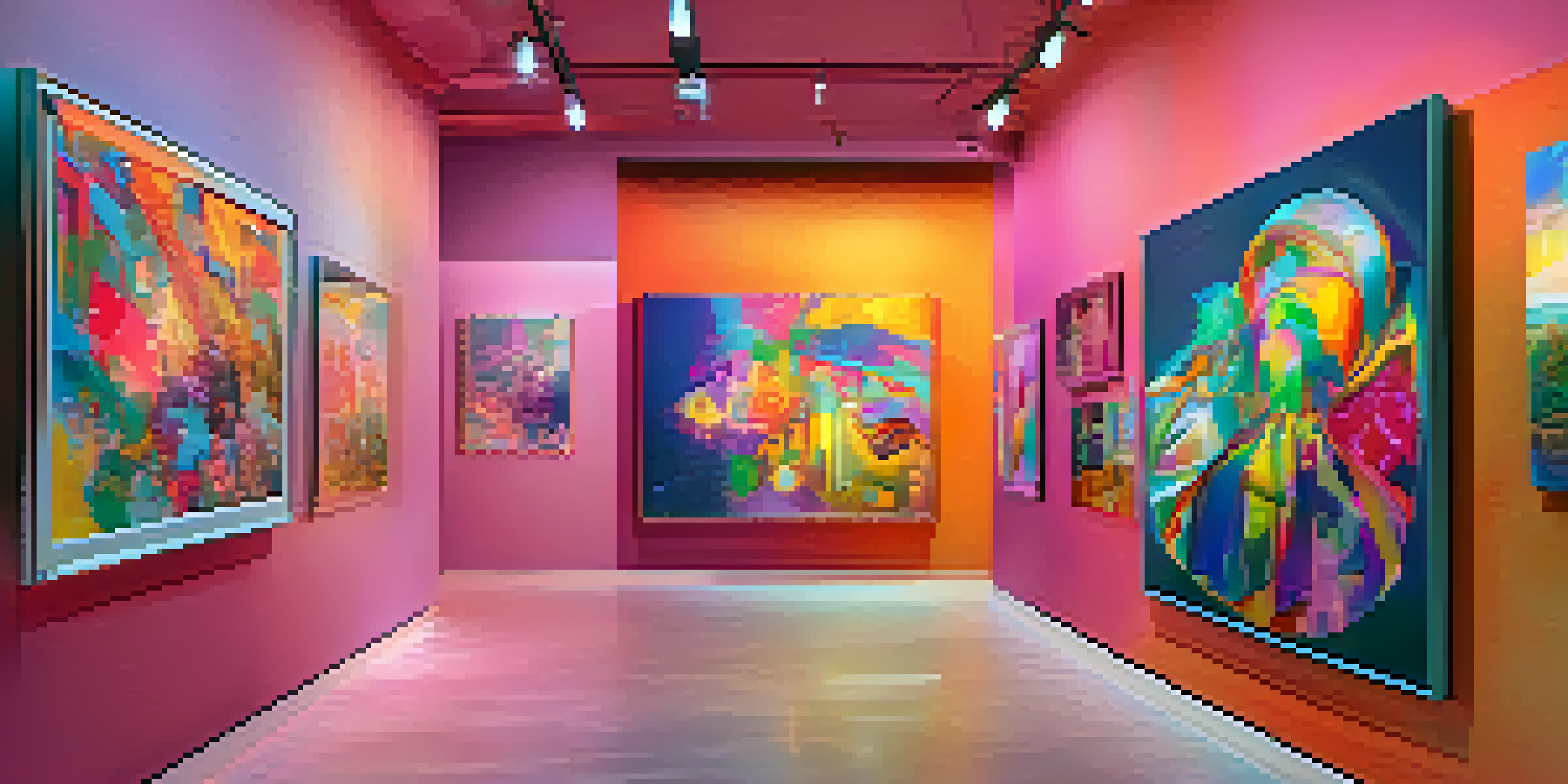 A digital art gallery filled with diverse NFT artworks, with glowing screens and colorful abstract designs, in a softly lit environment.