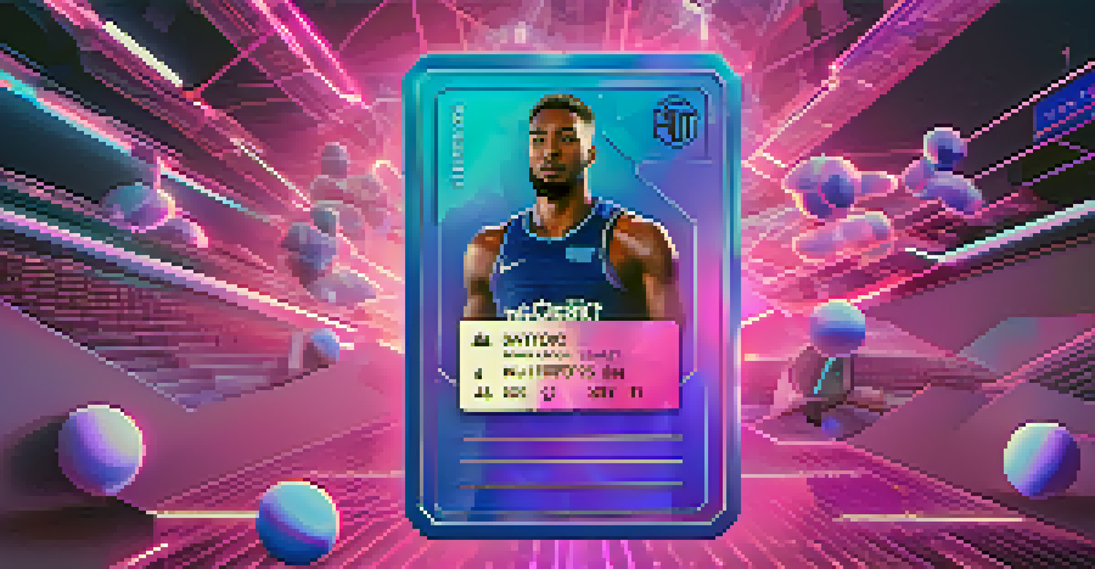 A futuristic digital sports card representing NFTs, surrounded by floating icons of athletes in a gradient blue and purple background.