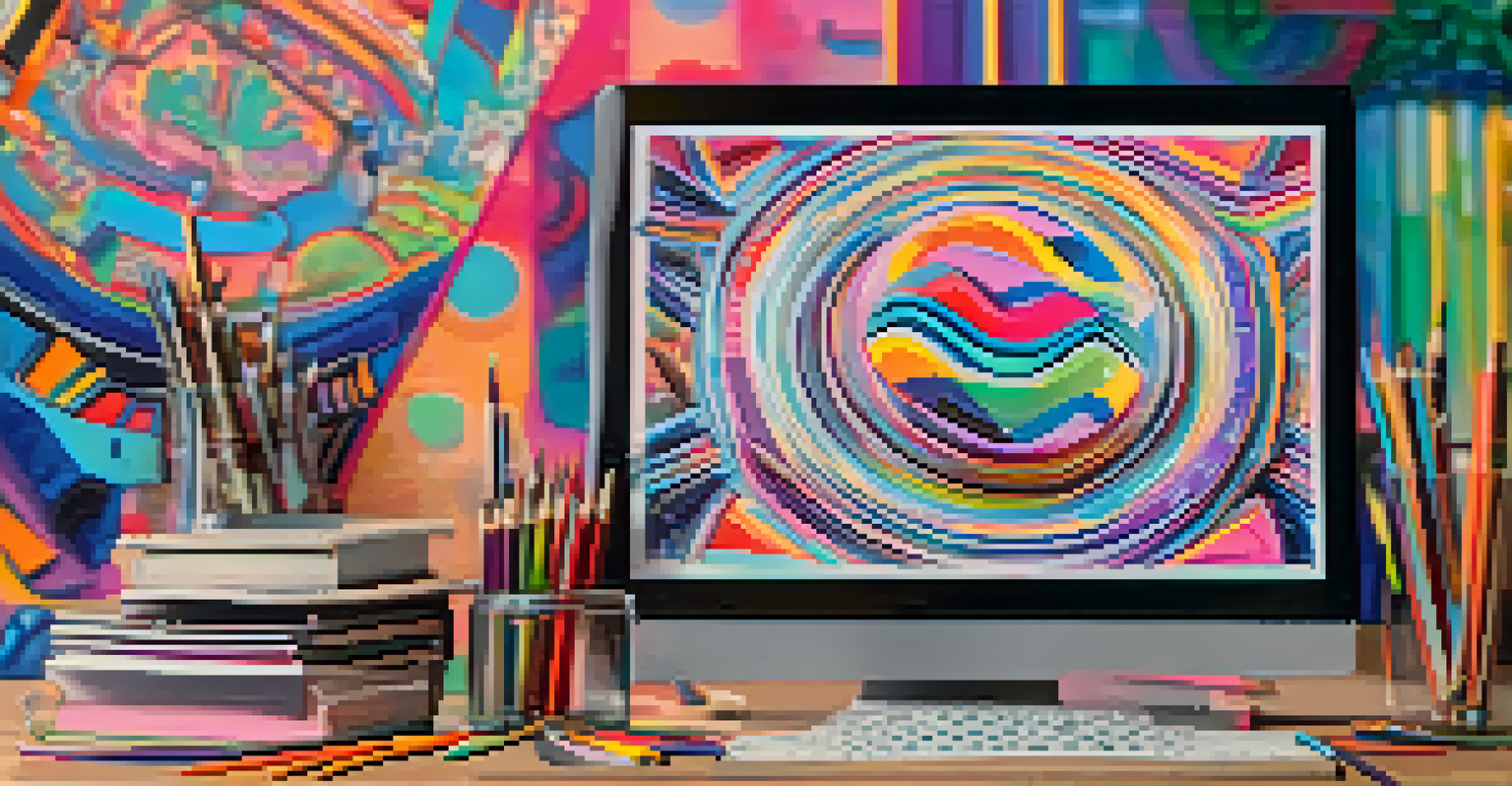 A close-up view of a digital NFT artwork on a screen, with artistic tools around it, showcasing intricate details and vibrant colors.