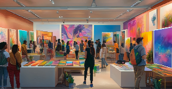 A lively digital art marketplace displaying diverse artworks from various marginalized artists, with warm lighting and engaging interactions.