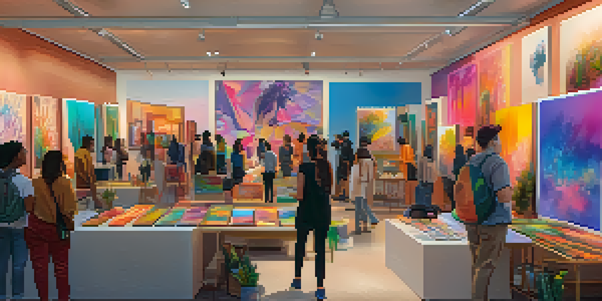 A lively digital art marketplace displaying diverse artworks from various marginalized artists, with warm lighting and engaging interactions.