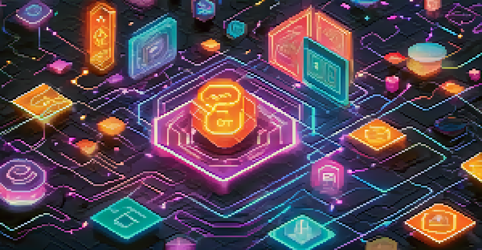 A colorful array of unique digital tokens representing NFTs, floating in a virtual space with a glowing blockchain network in the background.